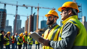 New York Construction Manager directing a construction site with a skyline background.