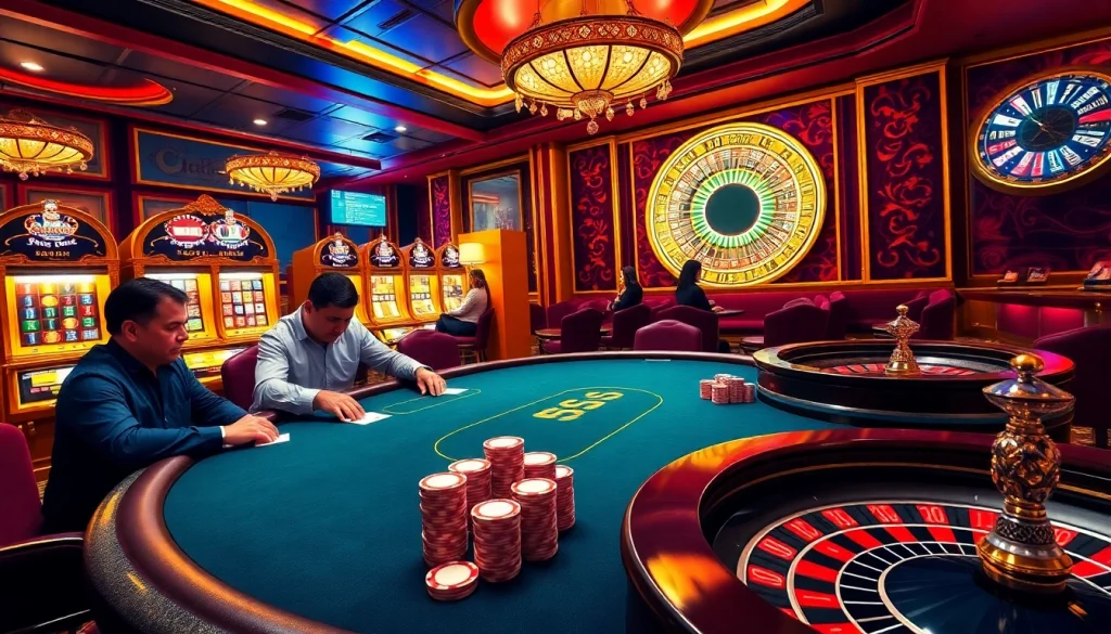Experience the excitement of OK365 with vibrant casino scenes featuring poker and slot machines.
