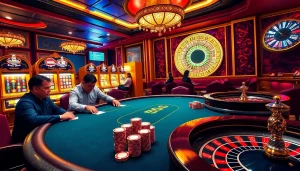 Experience the excitement of OK365 with vibrant casino scenes featuring poker and slot machines.