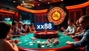 Gambling at a vibrant casino table featuring various games and the keyword xx88.