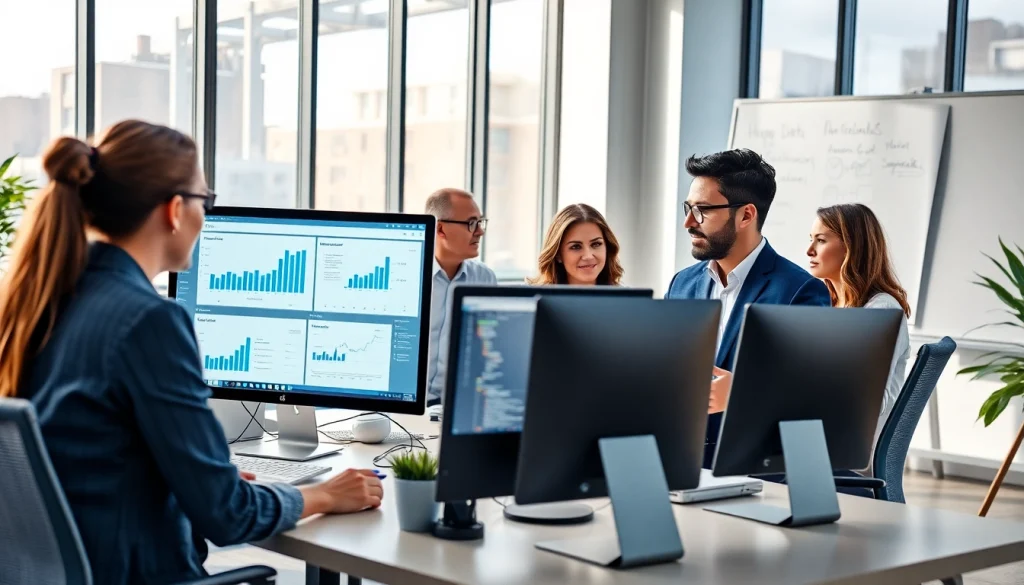 Team collaborating on online contact data verification tools in a modern office.