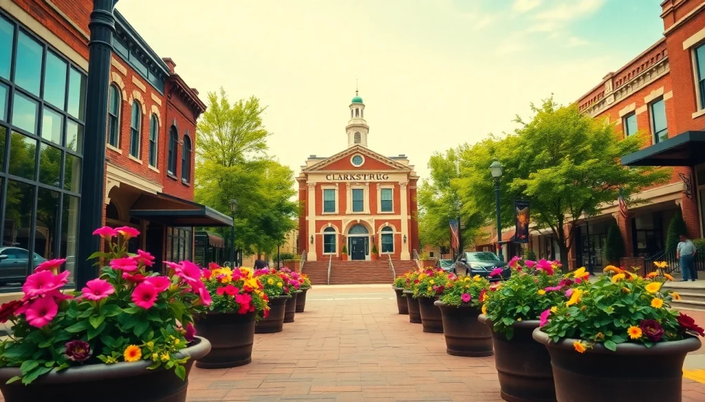 Discover Clarksburg's charming downtown with vintage architecture and vibrant floral planters.