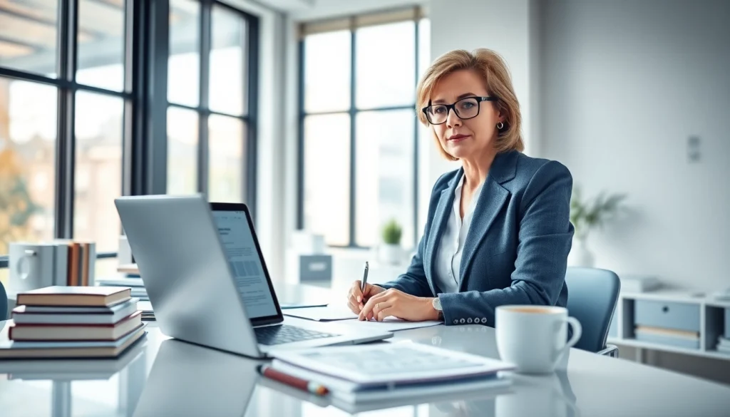 Traducteur assermenté en ligne travaillant dans un bureau professionnel avec des documents et des traductions.
