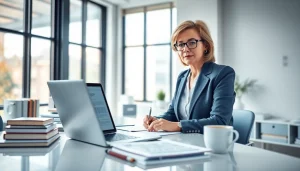 Traducteur assermenté en ligne travaillant dans un bureau professionnel avec des documents et des traductions.