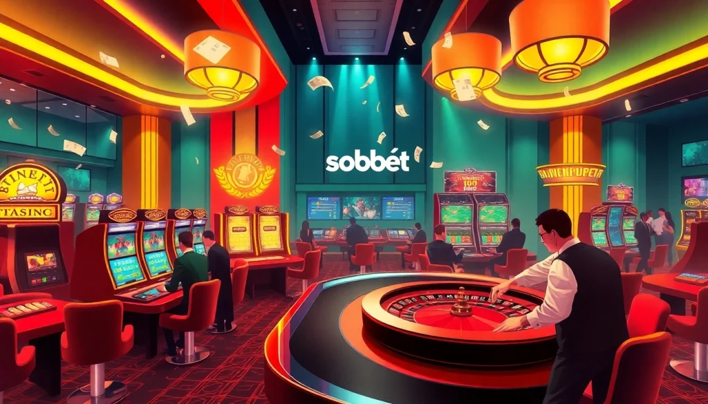 Sbobet betting scene with players engaging at poker tables and viewing live odds on screens.