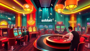 Sbobet betting scene with players engaging at poker tables and viewing live odds on screens.