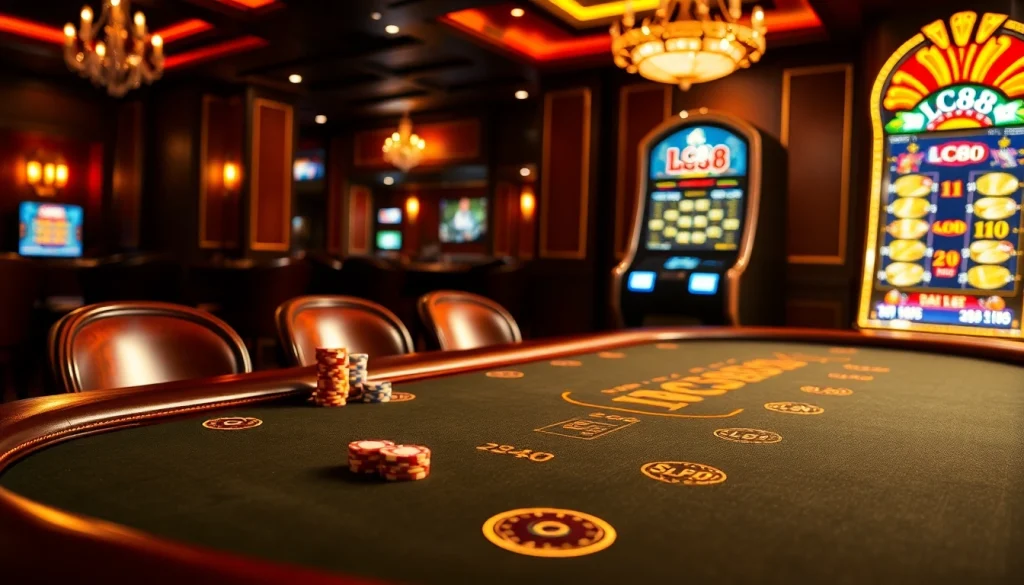 Experience the thrill of gambling at the luxurious LC88 casino with vibrant poker chips and a stunning slot machine.