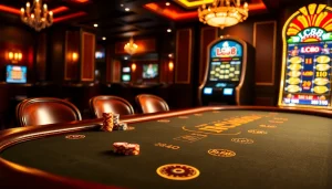 Experience the thrill of gambling at the luxurious LC88 casino with vibrant poker chips and a stunning slot machine.
