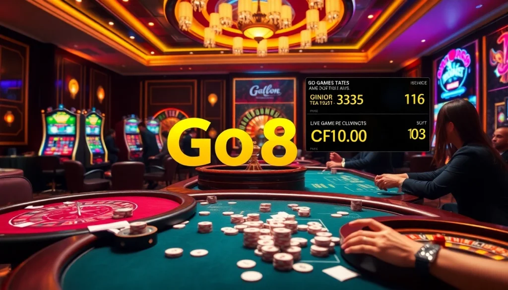 Experience thrilling gameplay at Go8.com with vibrant poker tables and dazzling slot machines.