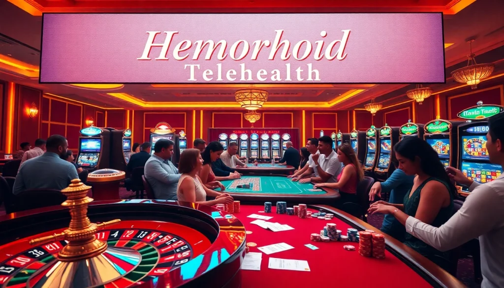 Gamblers enjoying a thrilling experience at a casino, highlighting Hemorrhoid telehealth in an engaging visual.