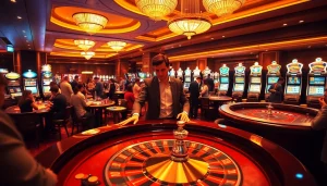 Excited gamblers enjoy a vibrant casino atmosphere featuring nk88 themed roulette and card games.