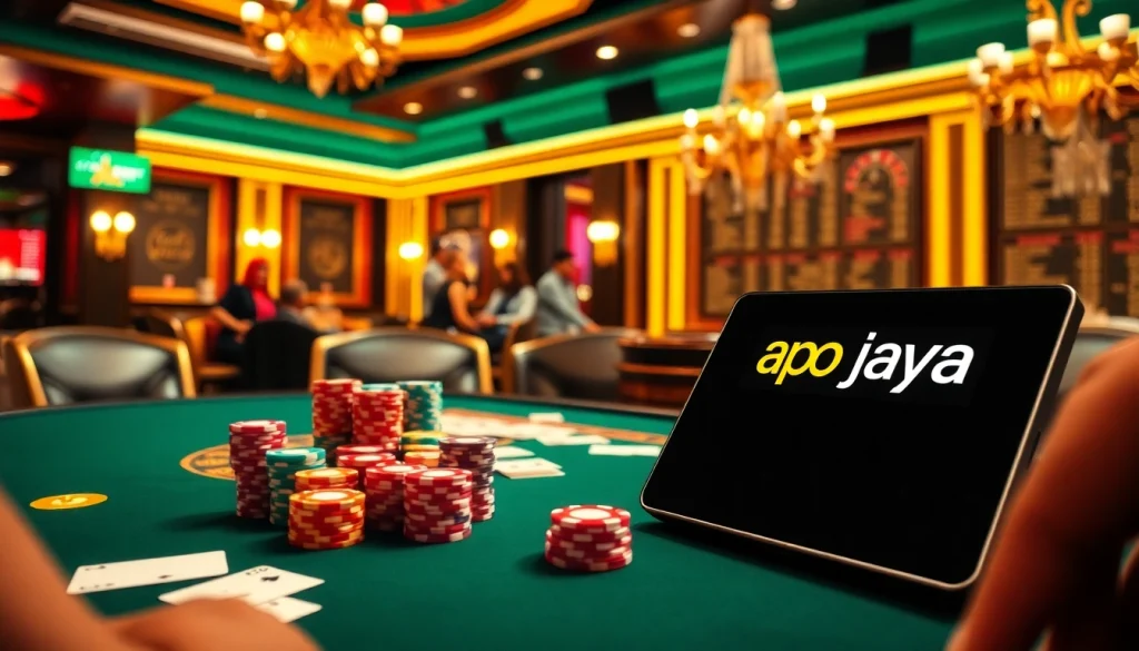 Players enjoying a thrilling poker game with apk jaya elements in a luxurious casino setting.