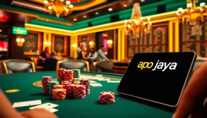 Players enjoying a thrilling poker game with apk jaya elements in a luxurious casino setting.