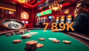 Excitement builds at a poker table featuring 789K chips, cards, and vibrant casino ambiance.