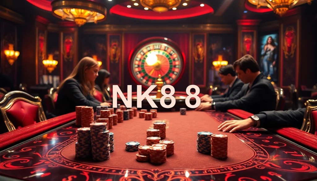 Players enjoying high-stakes poker at a luxurious NK88 casino table, surrounded by vibrant chips and a spinning roulette wheel.