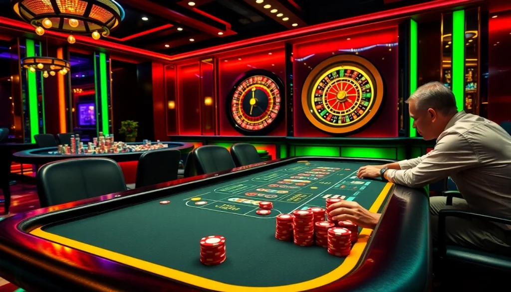 MM88 casino scene showcasing players at a poker table with vibrant chips and a spinning roulette wheel.