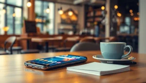 The Samsung Galaxy S8 smartphone showcased on a café table with a vibrant screen.