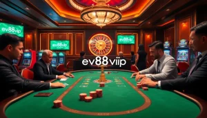 Intense gambling action at a luxurious poker table, showcasing ev88vip excitement with high-stake chips.