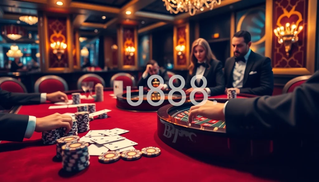 The vibrant casino scene showcasing a gambling table highlights the u888 page experience with poker chips and a roulette wheel.