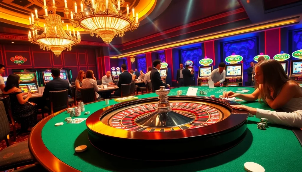 Experience the thrill of luck 8 at a lively casino with roulette, cards, and engaged players.