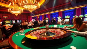 Experience the thrill of luck 8 at a lively casino with roulette, cards, and engaged players.