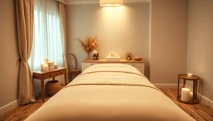 출장마사지 setup in a cozy home environment, inviting ambiance with massage table and essential oils.