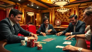 SODO casino scene featuring intense poker players at a luxurious table with vibrant decor.