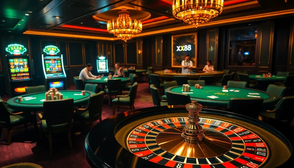 Engaging players at a luxurious casino with vibrant xx88 poker chips and roulette wheel action.