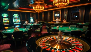 Engaging players at a luxurious casino with vibrant xx88 poker chips and roulette wheel action.