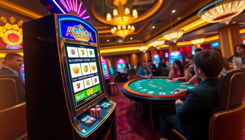 Momen menarik di kasino yang menampilkan slot deposit pulsa tanpa potongan pada mesin berwarna cerah dikelilingi pemain-pemain yang bersemangat.