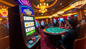 Momen menarik di kasino yang menampilkan slot deposit pulsa tanpa potongan pada mesin berwarna cerah dikelilingi pemain-pemain yang bersemangat.