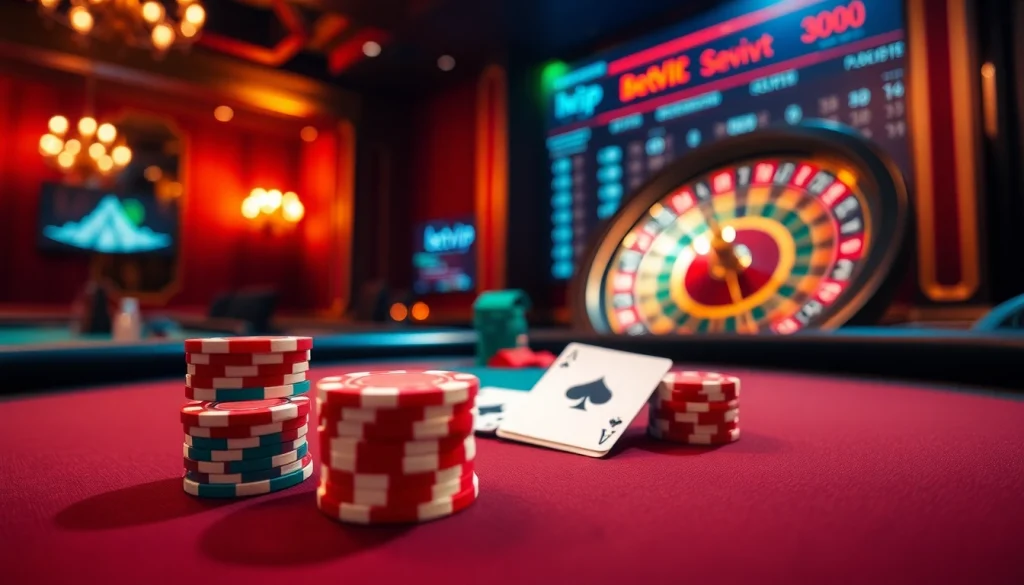 Cảnh bàn poker BetVIP nổi bật các chip màu sắc và quân bài trong một casino sang trọng.