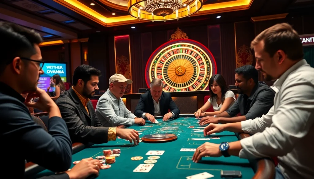Action at a poker table with players, chips, and cards showcasing 88i excitement in a lively casino setting.