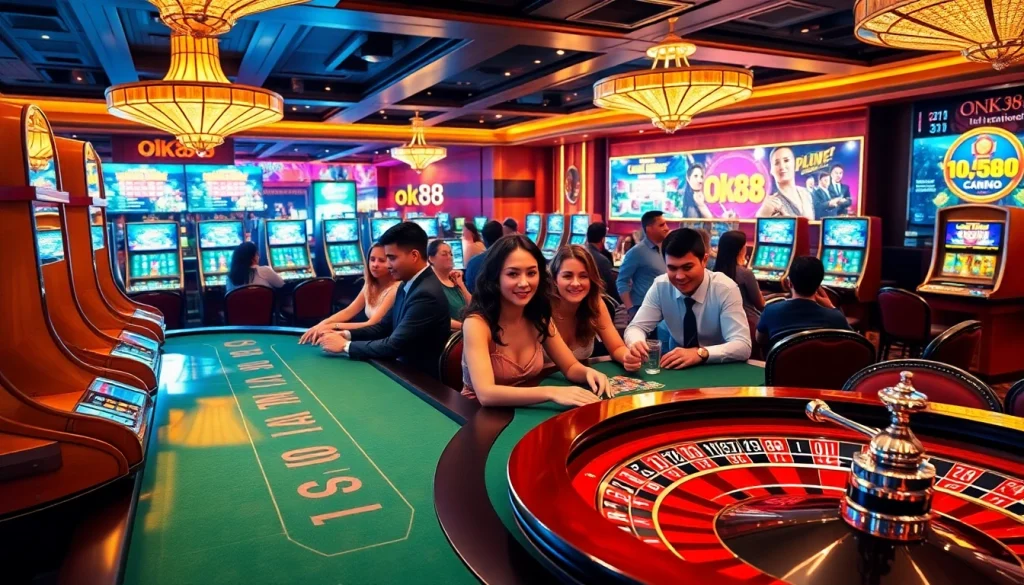 Players enjoying the excitement of casino games at ok88 with vibrant tables and slot machines.