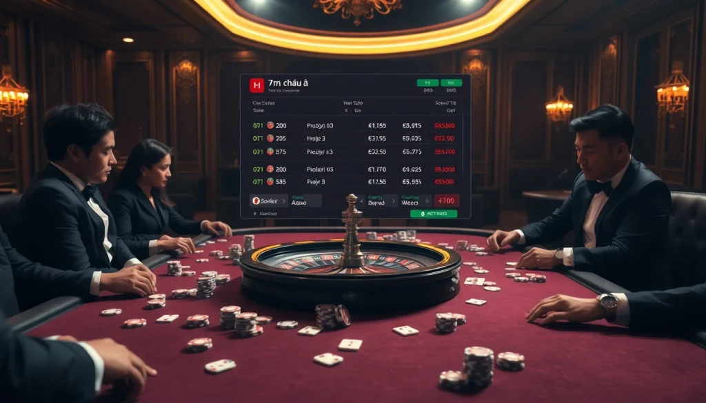 Experience the thrill of 7m châu á through an exciting high-stakes gambling scene with poker chips and betting tables.