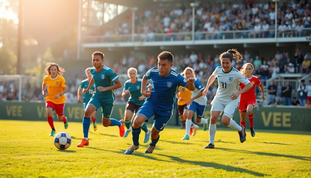 5V5V soccer players in action on a vibrant field, showcasing excitement and teamwork.