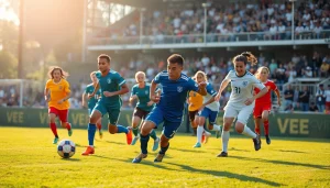 5V5V soccer players in action on a vibrant field, showcasing excitement and teamwork.