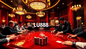 Experience the excitement of U888 with high-stakes poker gameplay amidst a luxurious casino atmosphere.