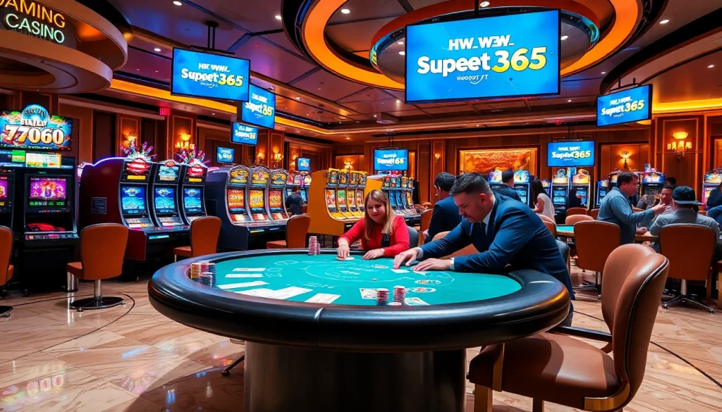 Engaging gamblers at SLOT365 with a vibrant casino atmosphere featuring poker games and slot machines.