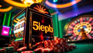 Spin and win with slot depo 5rb on an elegant casino slot machine surrounded by colorful cards and chips.
