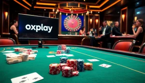 Engage in the thrilling experience of oxplay with vibrant poker chips and an elegant casino table.