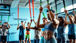 Trainers demonstrating assisted pull-up bands in a vibrant gym environment, showcasing teamwork and strength.