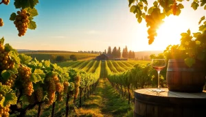Discover lush grapevines in Sacramento Wineries under warm golden sunlight.