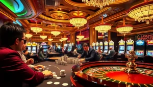 Gamblers playing poker in a luxurious casino setting promoting 5z7776 com excitement.