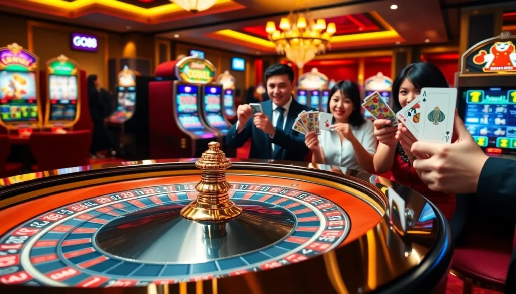 Exciting casino scene featuring GO88 with players enjoying roulette and slot machines.