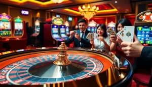 Exciting casino scene featuring GO88 with players enjoying roulette and slot machines.