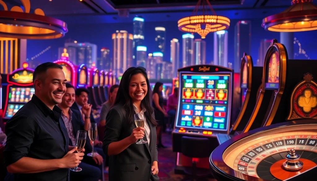Excited players engaging with vibrant slot machines in a luxurious casino atmosphere.