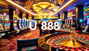 U888 showcases a vibrant casino scene with roulette, slot machines, and engaged players.