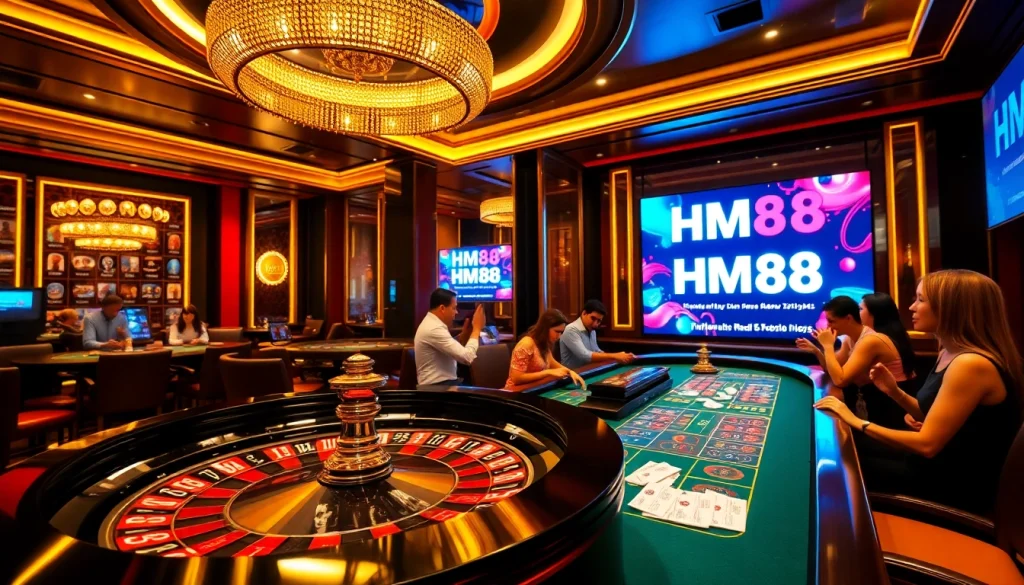 Experience the excitement of gambling at HM88 casino with vibrant tables and enthusiastic players.