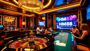 Experience the excitement of gambling at HM88 casino with vibrant tables and enthusiastic players.